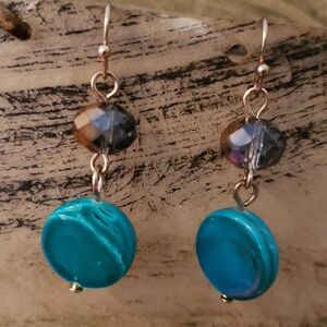 Malachite with Iridescent Beads Dangling Hook Earrings